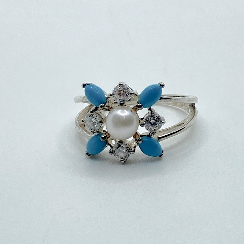 VTG Sterling Faux Turquoise Pearl White Cz Stone Flower Floral Ring Sz 8.75